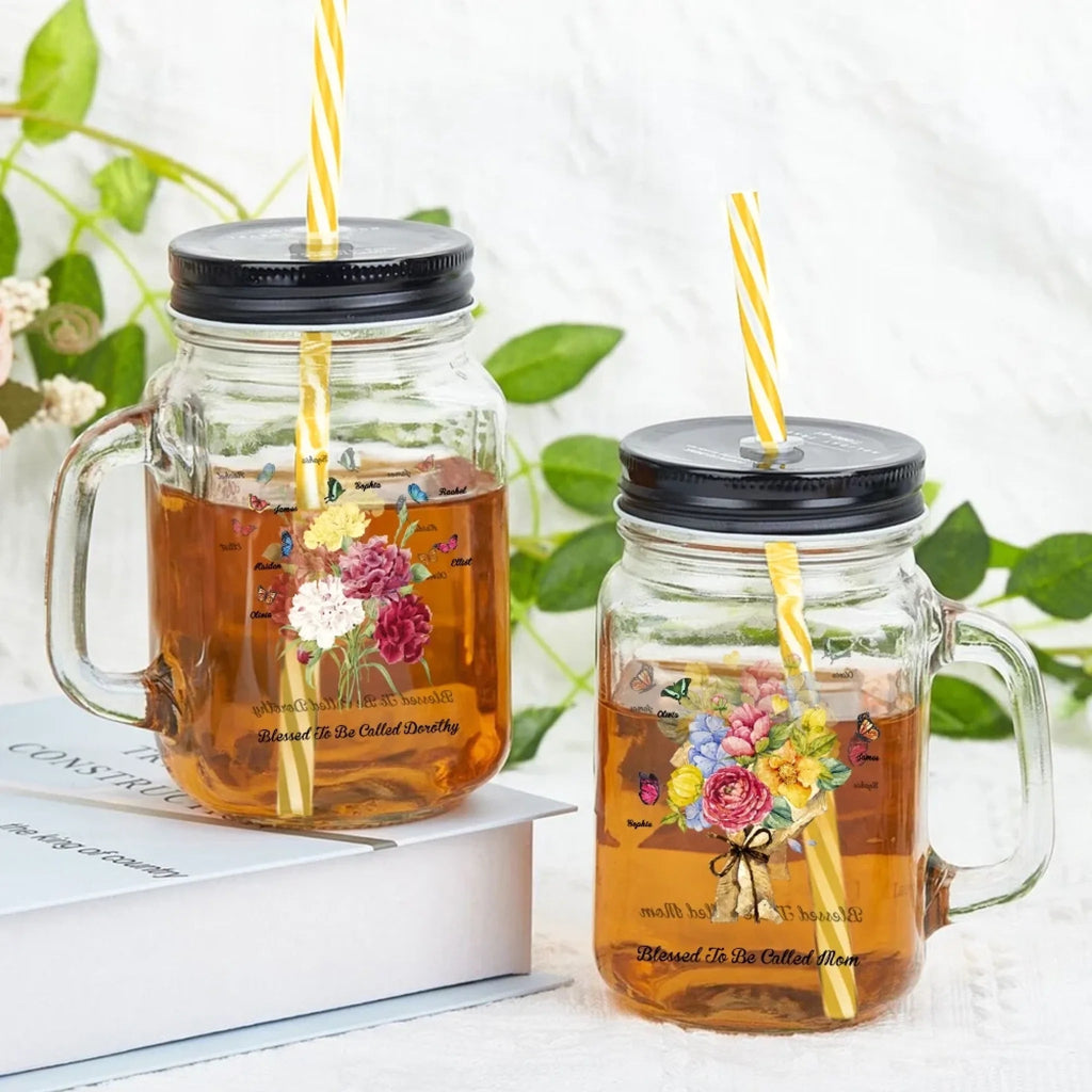 Personalized Birth Butterfly Carnation Bouquet Mason Jar with Handle Lid and Straw Mother's Day Birthday Gift for Mom Grandma 1029545 - DiyGiftly
