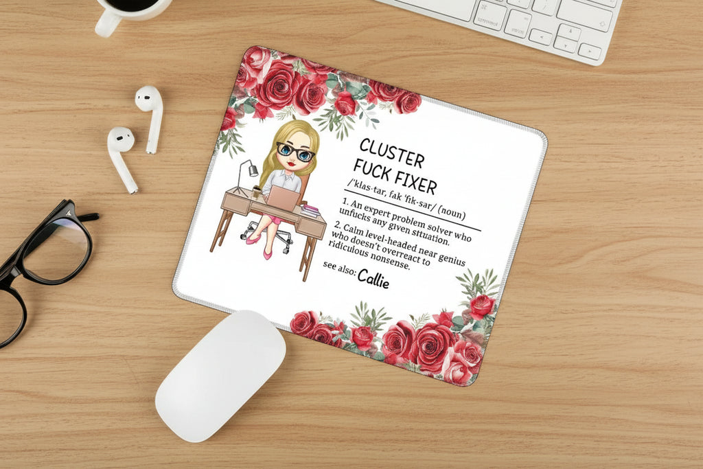 Personalized Birth Flower Cartoon Business Character Mouse Pad with Text and Name Computer Accessory Work Birthday Gift for Colleagues Leaders 37026816 - DiyGiftly