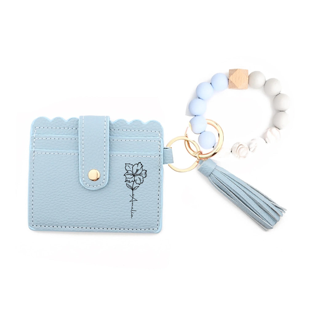 Personalized Birth Flower Leather Keychain Wristlet Wallet with Name & Beaded Bracelet, Custom Floral Wristlet Keyring, Birthday Gift for Women, Mother’s Day Gift for Mom, Wife, Grandma 1081649 - DiyGiftly