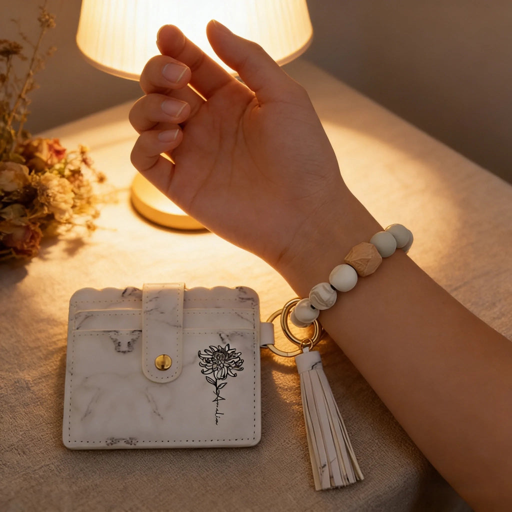 Personalized Birth Flower Leather Keychain Wristlet Wallet with Name & Beaded Bracelet, Custom Floral Wristlet Keyring, Birthday Gift for Women, Mother’s Day Gift for Mom, Wife, Grandma 1081649 - DiyGiftly