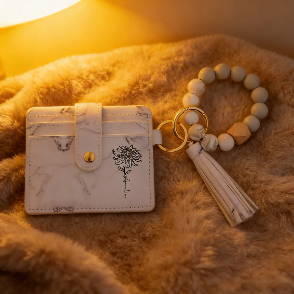 Personalized Birth Flower Leather Keychain Wristlet Wallet with Name & Beaded Bracelet, Custom Floral Wristlet Keyring, Birthday Gift for Women, Mother’s Day Gift for Mom, Wife, Grandma 1081649 - DiyGiftly