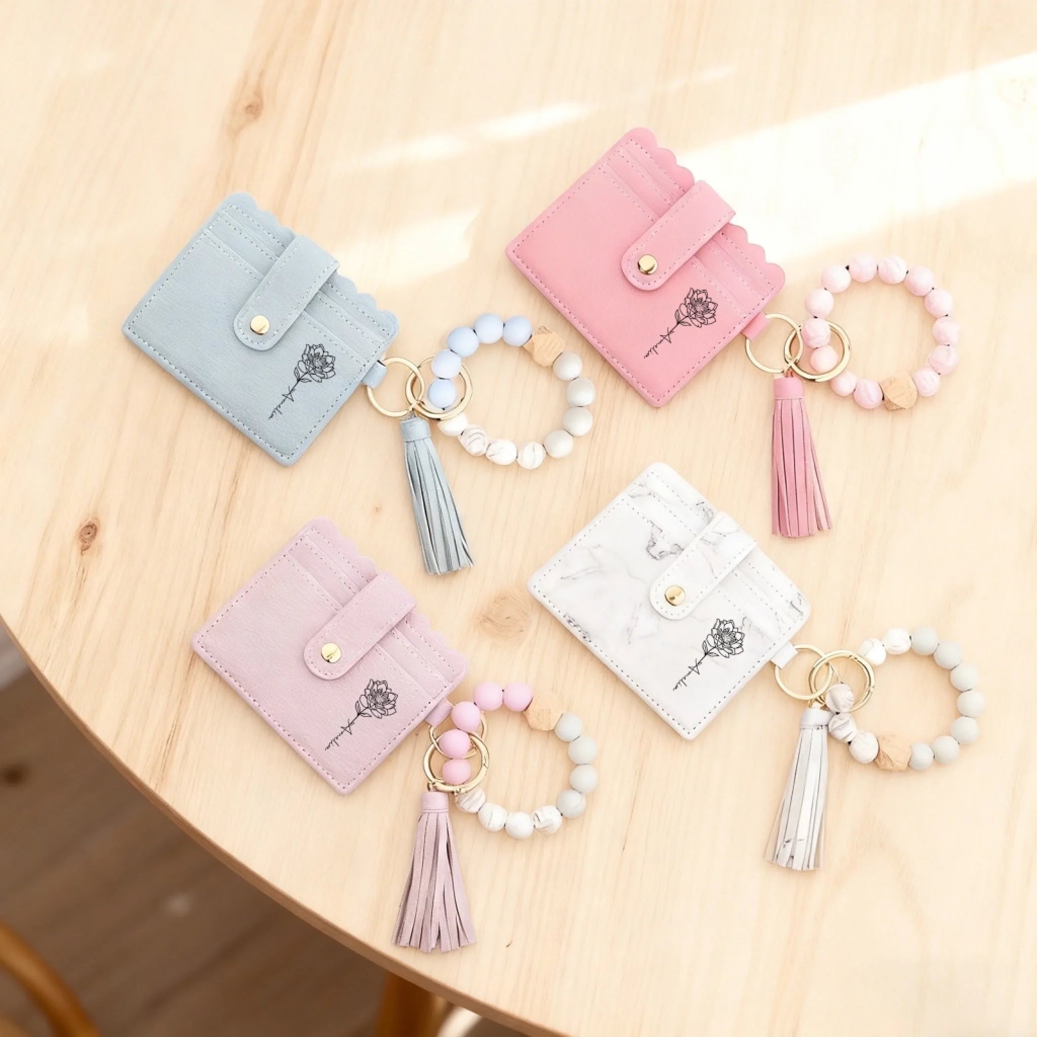 Personalized Birth Flower Leather Keychain Wristlet Wallet with Name & Beaded Bracelet, Custom Floral Wristlet Keyring, Birthday Gift for Women, Mother’s Day Gift for Mom, Wife, Grandma 1081649 - DiyGiftly