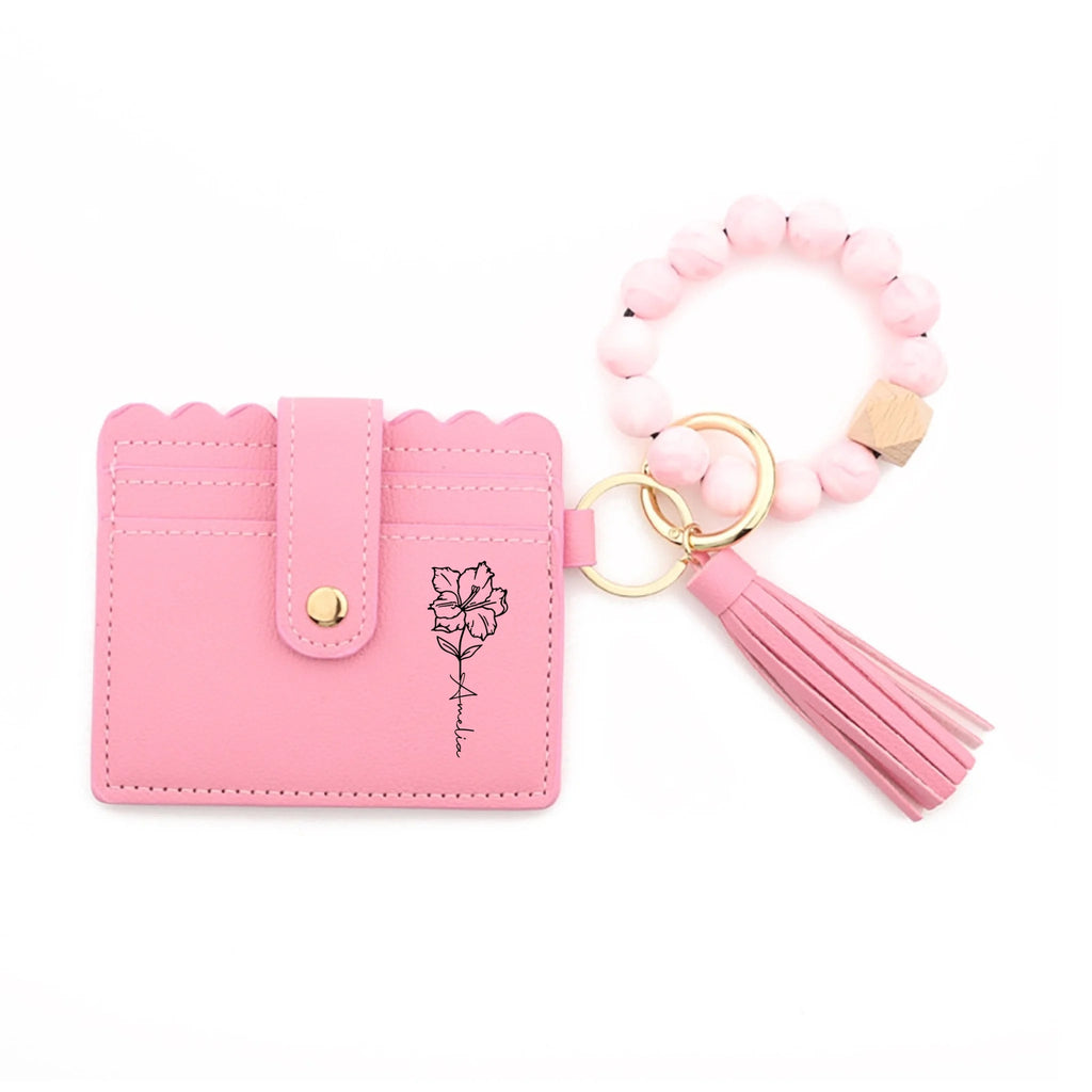 Personalized Birth Flower Leather Keychain Wristlet Wallet with Name & Beaded Bracelet, Custom Floral Wristlet Keyring, Birthday Gift for Women, Mother’s Day Gift for Mom, Wife, Grandma 1081649 - DiyGiftly