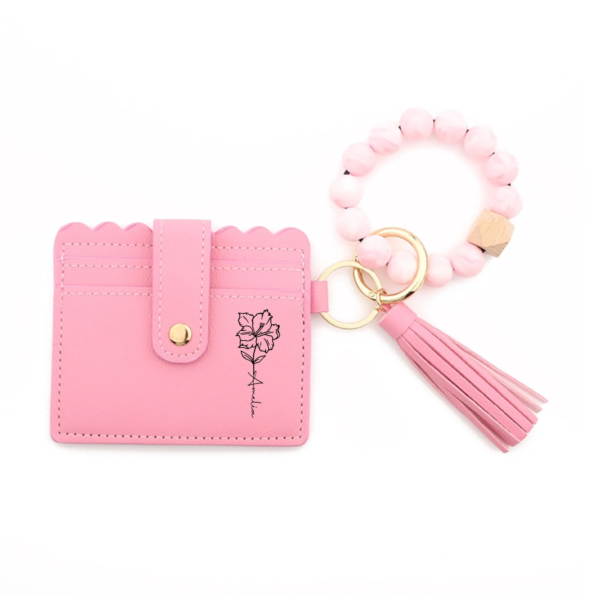 Personalized Birth Flower Leather Keychain Wristlet Wallet with Name & Beaded Bracelet, Custom Floral Wristlet Keyring, Birthday Gift for Women, Mother’s Day Gift for Mom, Wife, Grandma 1081649 - DiyGiftly