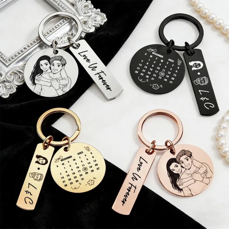 Personalized Calendar Keychain Custom Photo and Date Keyring Couple Portrait Keychain Anniversary Valentines Gift - DiyGiftly
