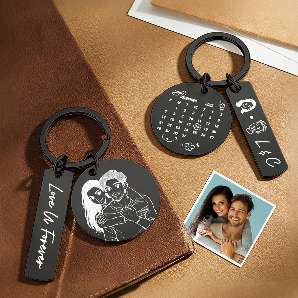 Personalized Calendar Keychain Custom Photo and Date Keyring Couple Portrait Keychain Anniversary Valentines Gift - DiyGiftly