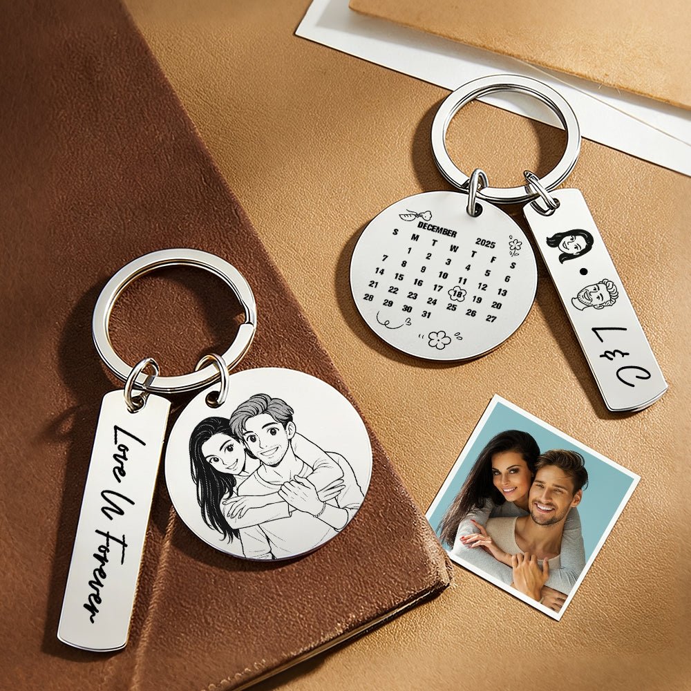Personalized Calendar Keychain Custom Photo and Date Keyring Couple Portrait Keychain Anniversary Valentines Gift - DiyGiftly
