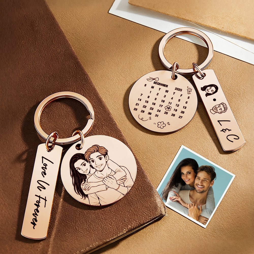 Personalized Calendar Keychain Custom Photo and Date Keyring Couple Portrait Keychain Anniversary Valentines Gift - DiyGiftly