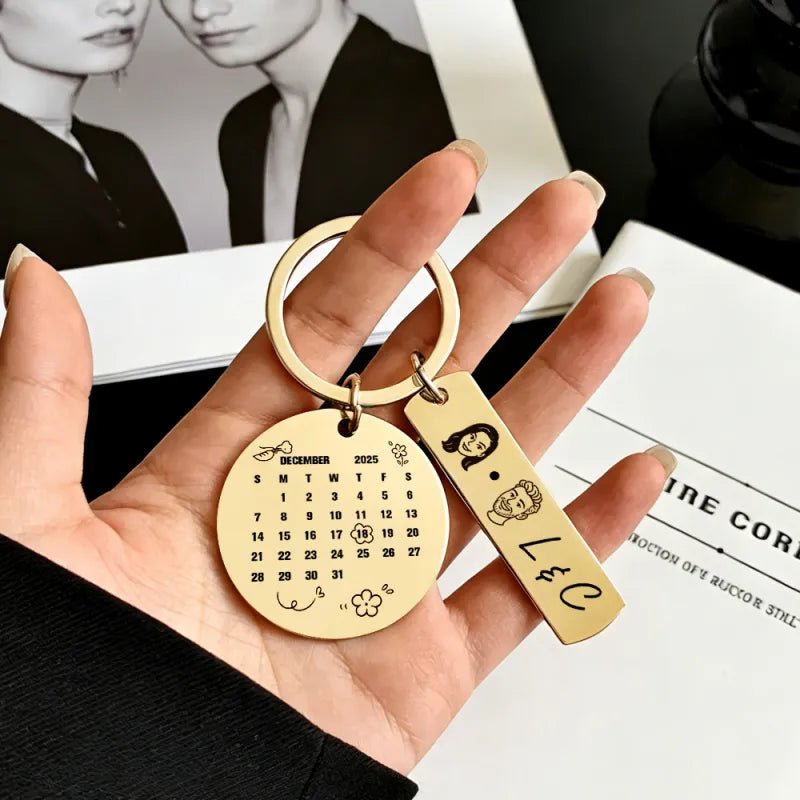 Personalized Calendar Keychain Custom Photo and Date Keyring Couple Portrait Keychain Anniversary Valentines Gift - DiyGiftly