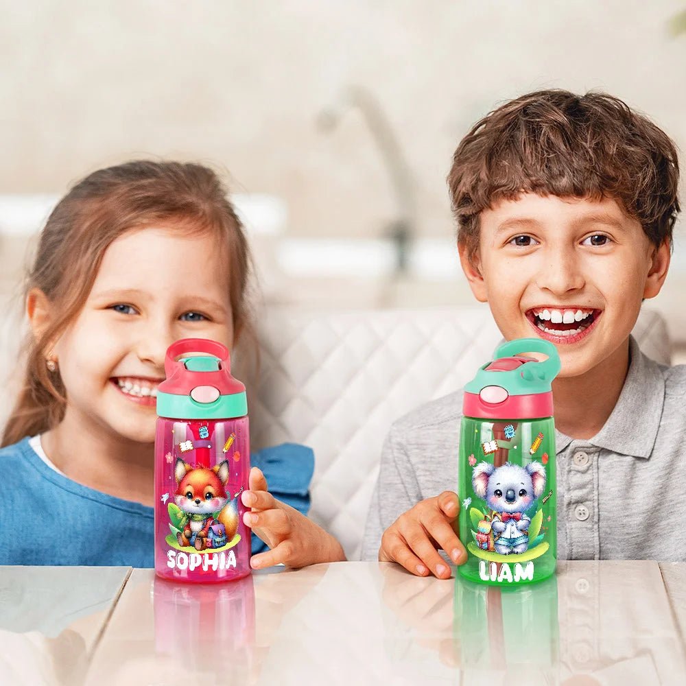 Personalized Cartoon Bear Lion Animals Name 16 oz Water Bottle with Straw and Handle Outdoor Supplies Back to School Birthday Gift for Boys Girls 28334848 - DiyGiftly