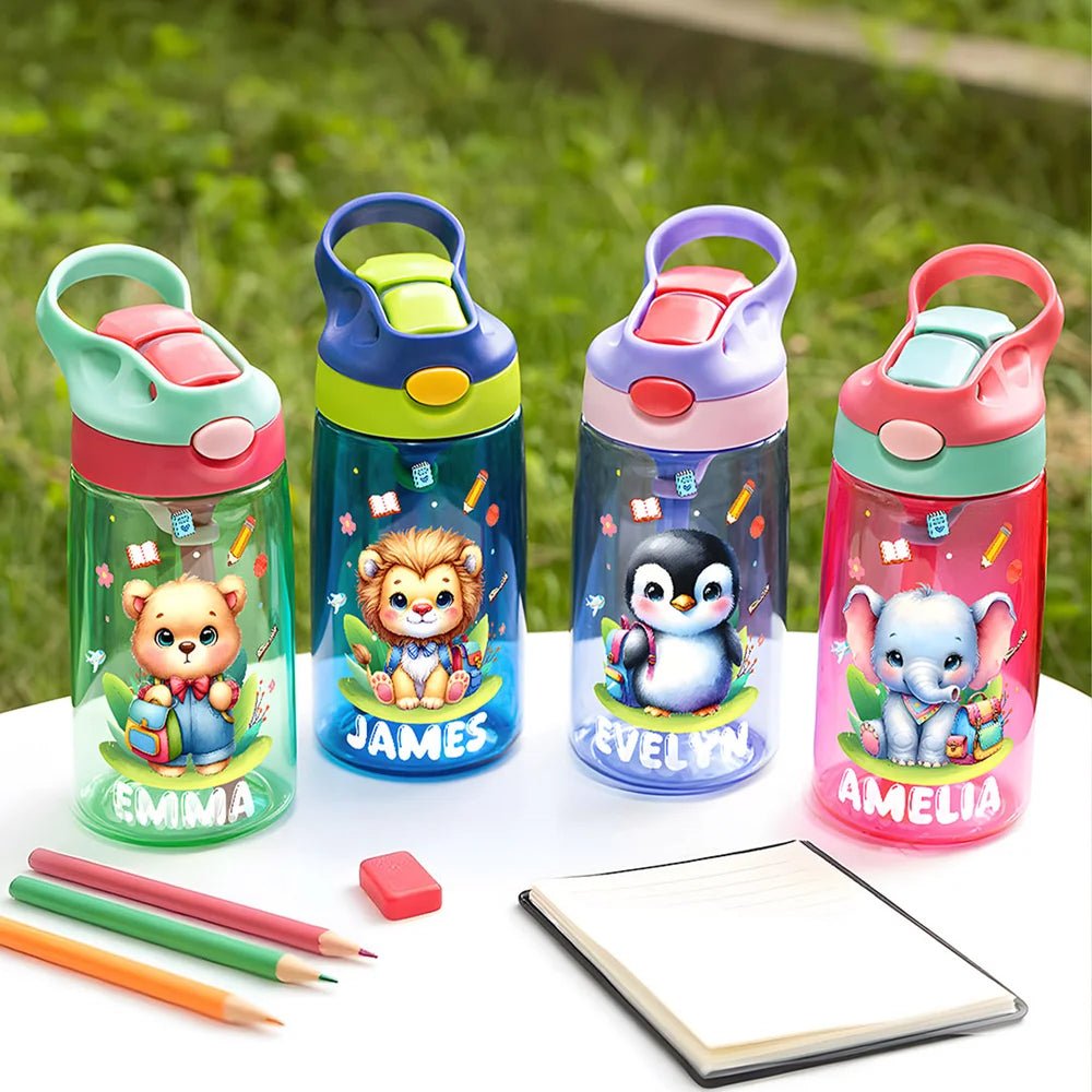 Personalized Cartoon Bear Lion Animals Name 16 oz Water Bottle with Straw and Handle Outdoor Supplies Back to School Birthday Gift for Boys Girls 28334848 - DiyGiftly
