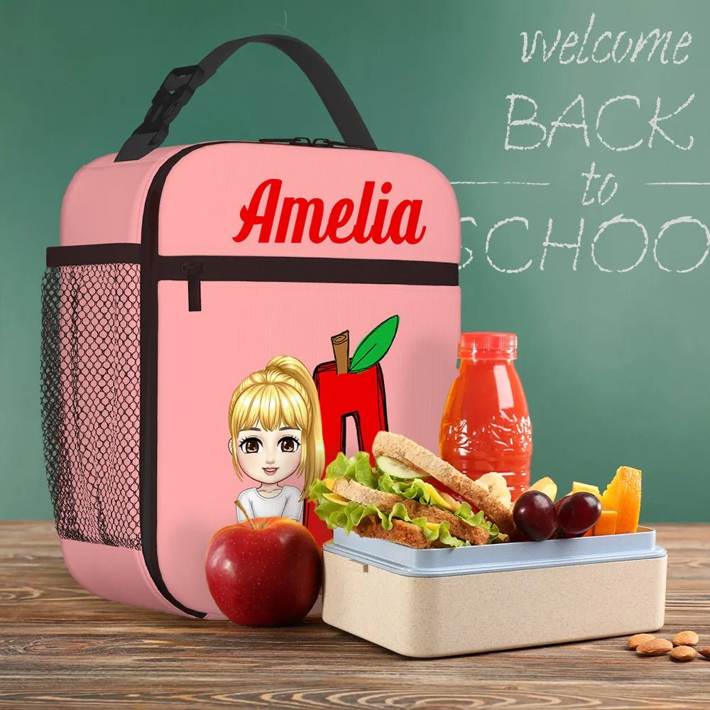 Personalized Cartoon Character Apple Pencil Initial Insulated Lunch Bag with Name Daily Travel Back to School Birthday Gift for Kids Students 86354432 - DiyGiftly