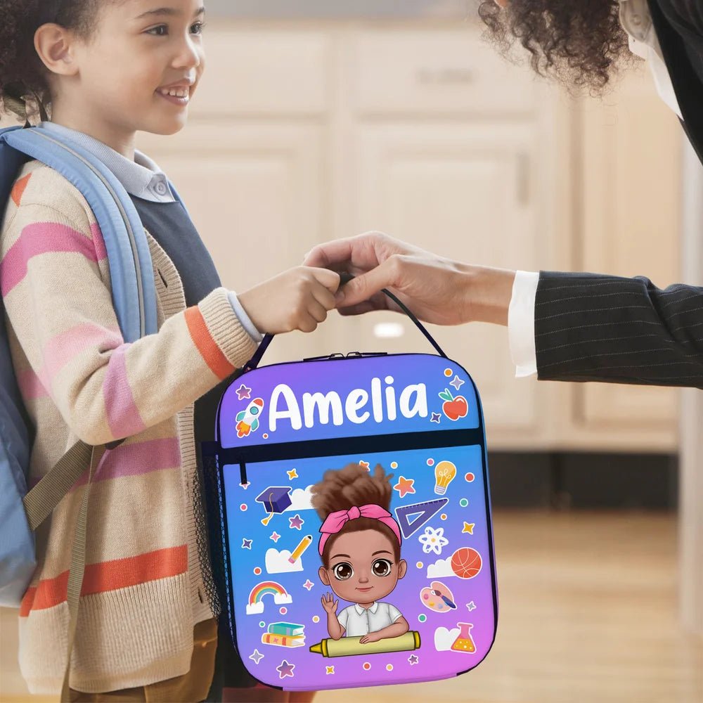 Personalized Cartoon Character Stationery Elements Insulated Lunch Bag with Name Portable Picnic Back to School Gift for Boys Girls 59825664 - DiyGiftly