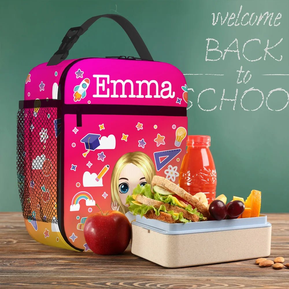 Personalized Cartoon Character Stationery Elements Insulated Lunch Bag with Name Portable Picnic Back to School Gift for Boys Girls 59825664 - DiyGiftly