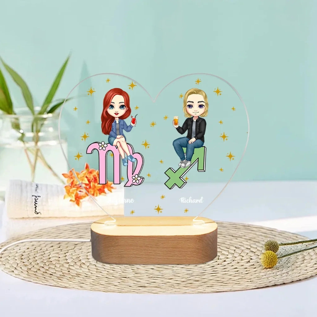 Personalized Cartoon Couple Zodiac Sign Heart - shaped LED Night Light with Custom Names & Wooden Base - Unique Home Decor Gift for Couples, Perfect for Valentine's Day & Anniversaries 1106631 - DiyGiftly
