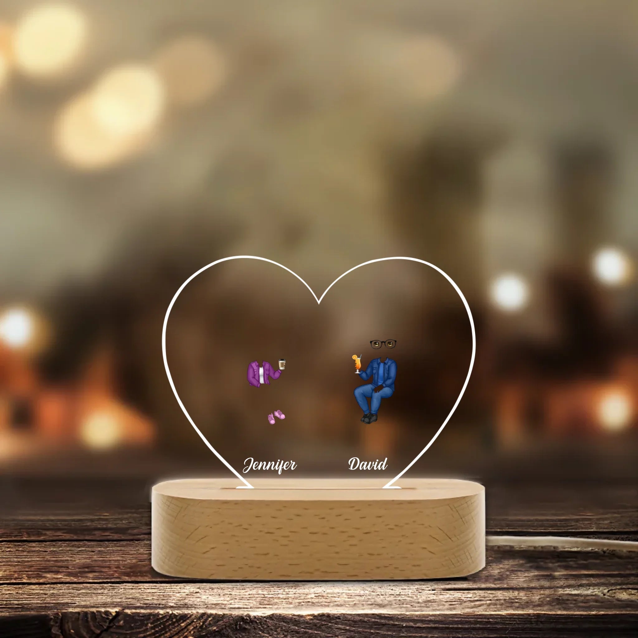 Personalized Cartoon Couple Zodiac Sign Heart - shaped LED Night Light with Custom Names & Wooden Base - Unique Home Decor Gift for Couples, Perfect for Valentine's Day & Anniversaries 1106631 - DiyGiftly