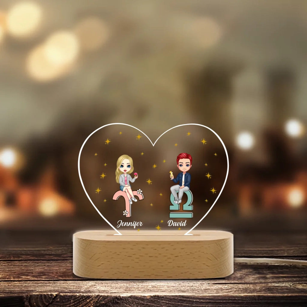 Personalized Cartoon Couple Zodiac Sign Heart - shaped LED Night Light with Custom Names & Wooden Base - Unique Home Decor Gift for Couples, Perfect for Valentine's Day & Anniversaries 1106631 - DiyGiftly