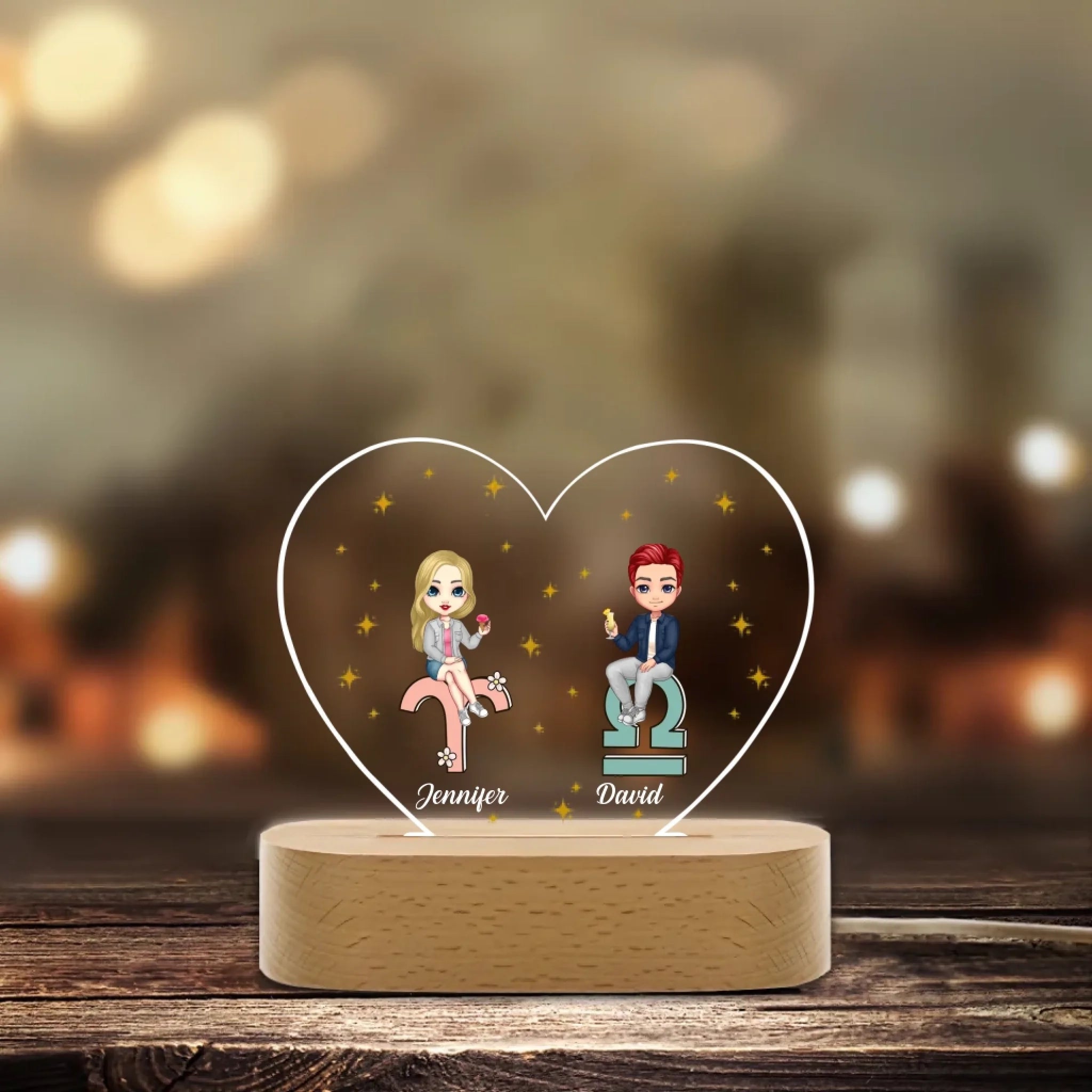 Personalized Cartoon Couple Zodiac Sign Heart - shaped LED Night Light with Custom Names & Wooden Base - Unique Home Decor Gift for Couples, Perfect for Valentine's Day & Anniversaries 1106631 - DiyGiftly