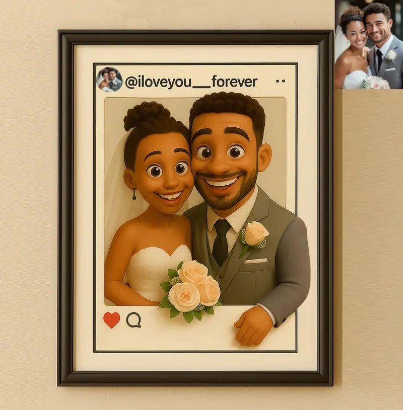 gifts for wife Your Love Story, Cartooned - Photo Frame - Personalized Cartoon Portrait Art - Social Media Style Display - 1s