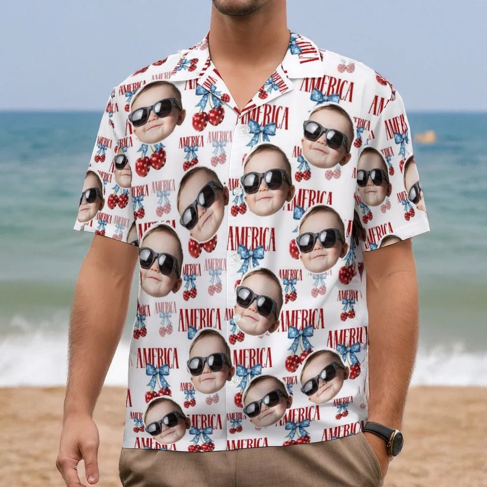 Personalized Cherry Face Photo Hawaiian Shirt – Custom Patriotic 4th of July Independence Day Outfit, Funny Summer BBQ, Beach Party, Family Reunion Gift for Men, Dad, Husband, Boyfriend 39384064 - DiyGiftly