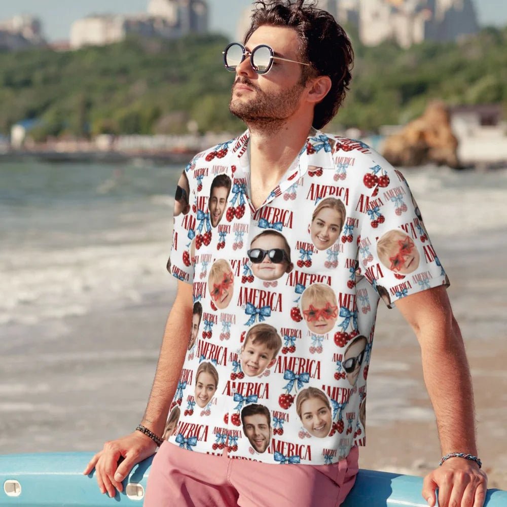 Personalized Cherry Face Photo Hawaiian Shirt – Custom Patriotic 4th of July Independence Day Outfit, Funny Summer BBQ, Beach Party, Family Reunion Gift for Men, Dad, Husband, Boyfriend 39384064 - DiyGiftly