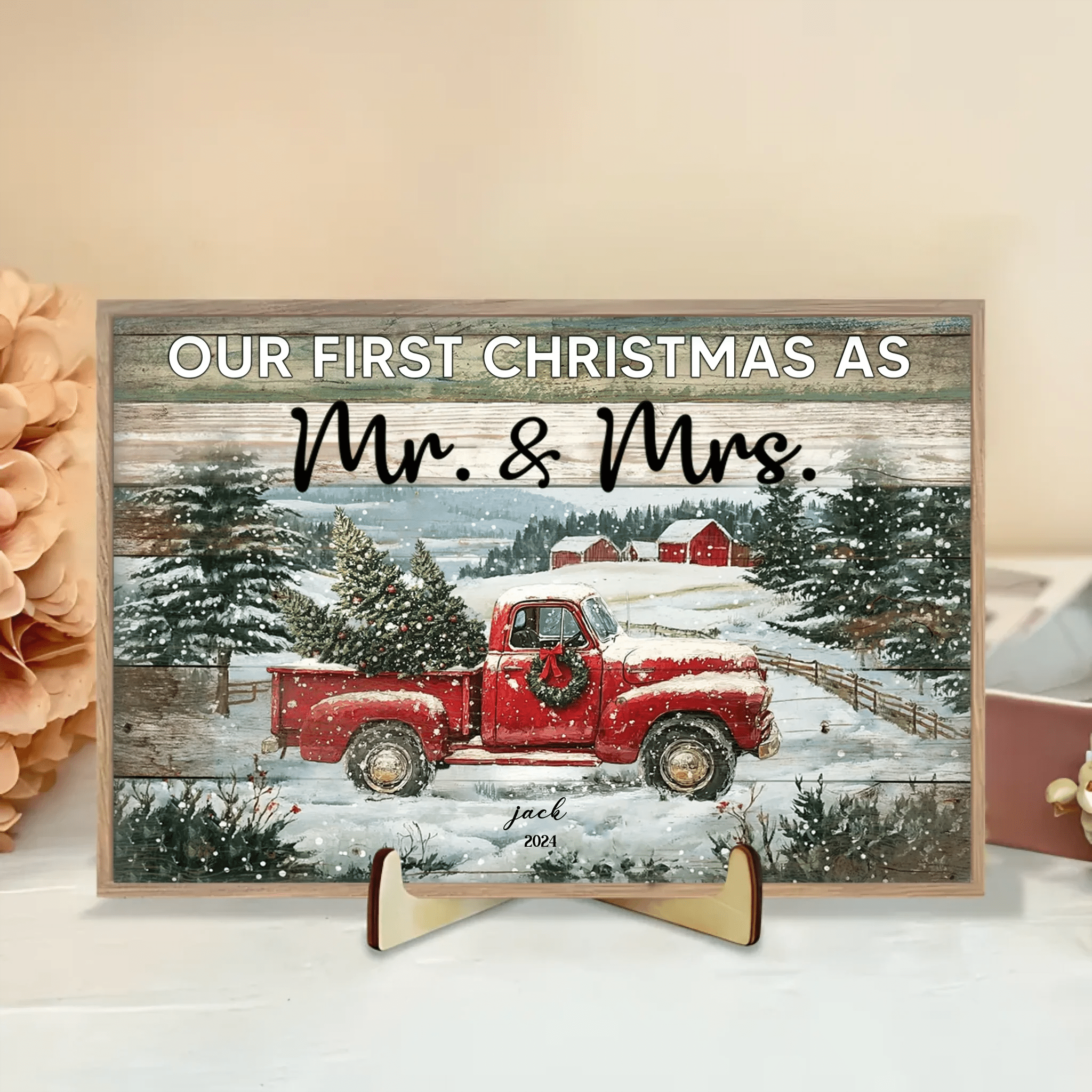 Personalized Christmas Red Truck Gift Married Couple Wooden Plaque Decor Wall Art 706120 - DiyGiftly