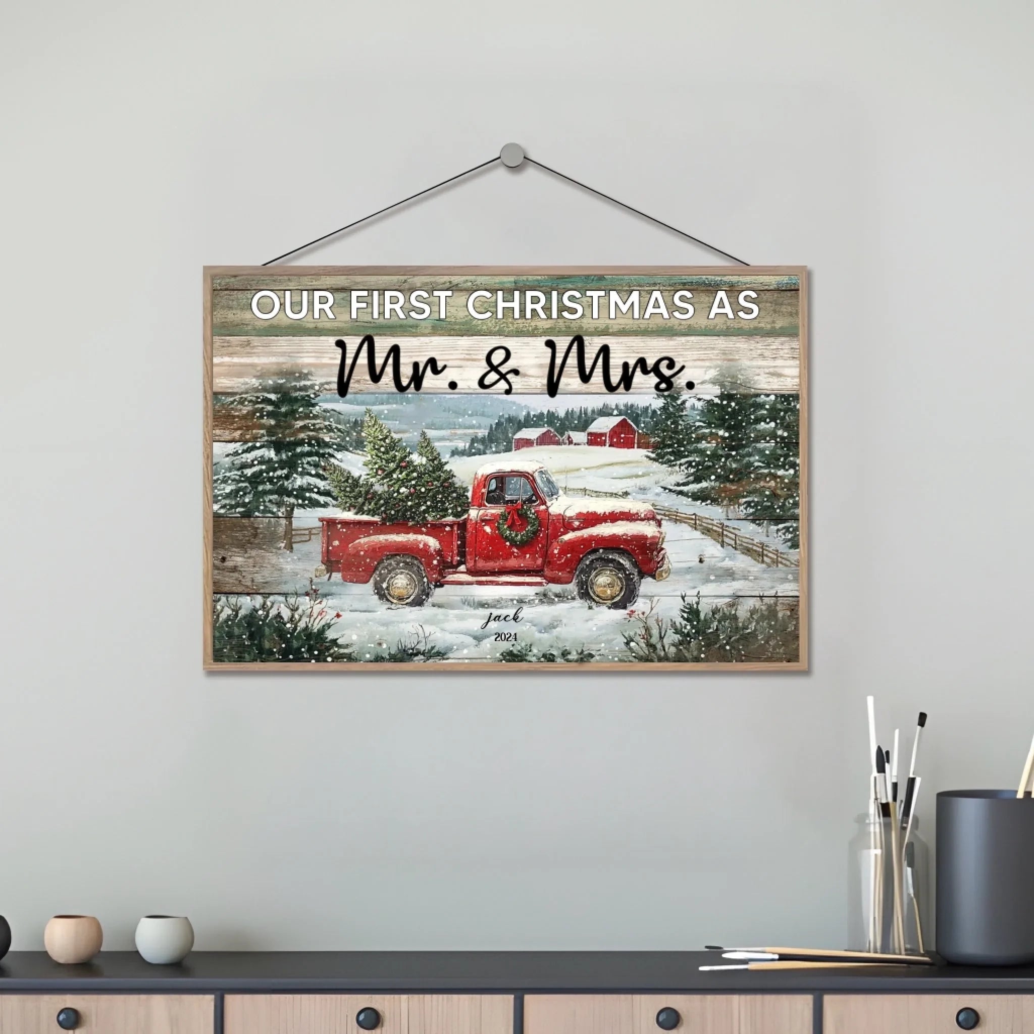 Personalized Christmas Red Truck Gift Married Couple Wooden Plaque Decor Wall Art 706120 - DiyGiftly