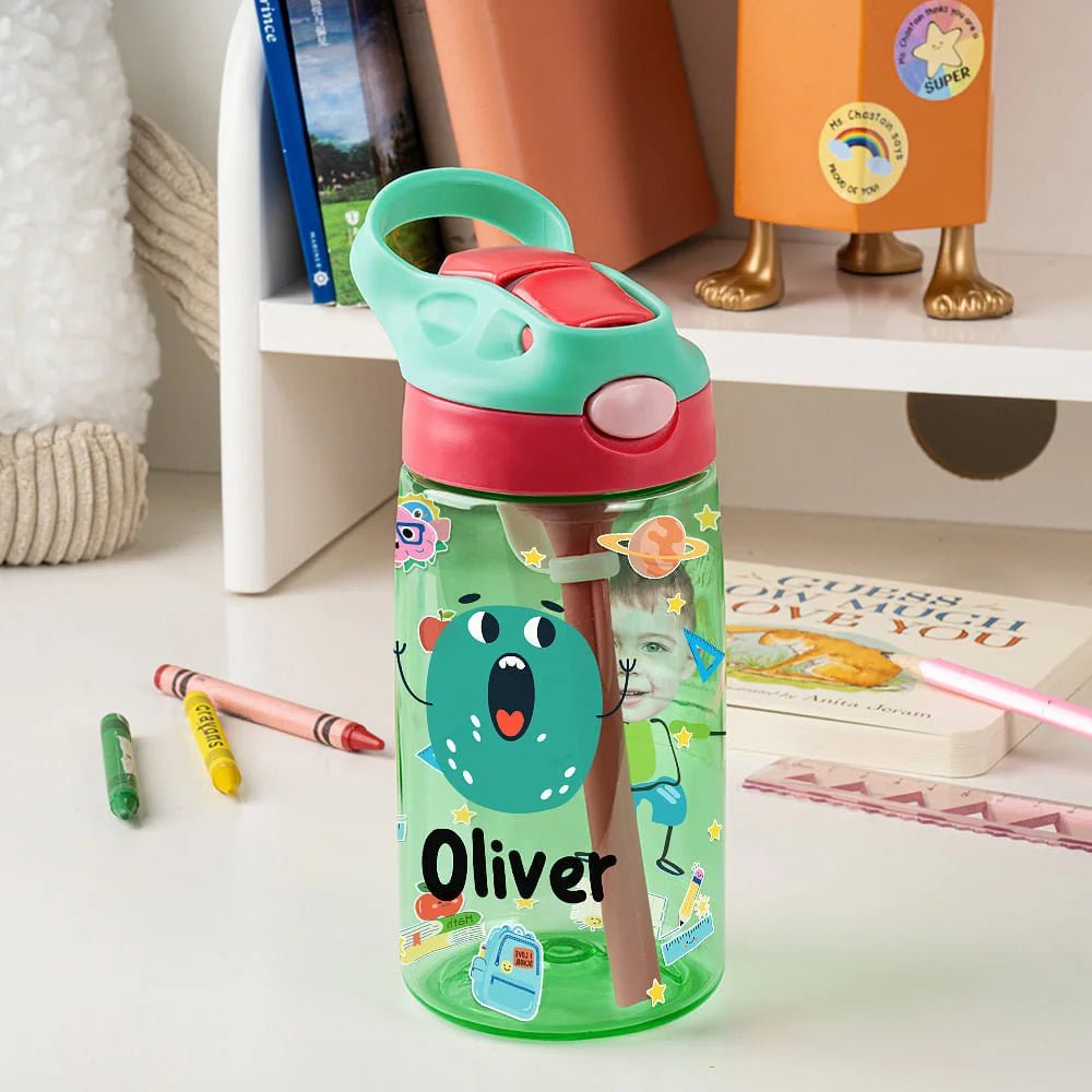 Personalized Colorful Cartoon Photo Name 16oz Kid's Water Bottle with Silicone Straw and Handle Birthday Back to School Gift for Boys Girls 79117056 - DiyGiftly