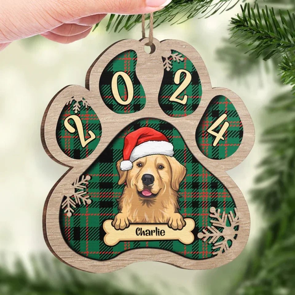 Personalized Custom Paw Shaped Wood Christmas Ornament - Dog, Cat And Snow - Plaid Buffalo Pattern - Customized Decoration Upload Image, Gift For Pet Lovers 677256 - DiyGiftly