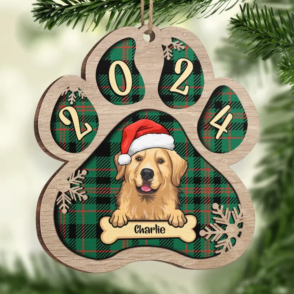 Personalized Custom Paw Shaped Wood Christmas Ornament - Dog, Cat And Snow - Plaid Buffalo Pattern - Customized Decoration Upload Image, Gift For Pet Lovers 677256 - DiyGiftly