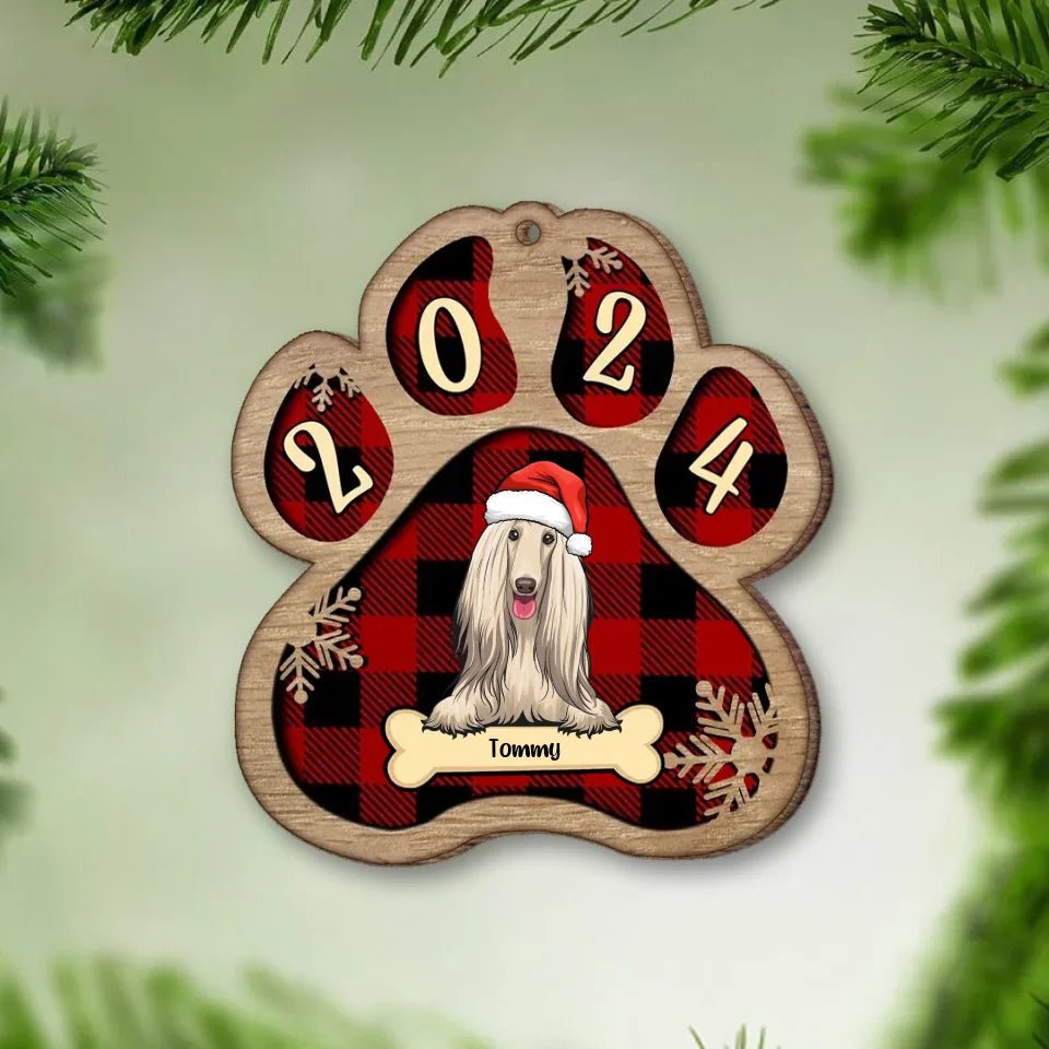 Personalized Custom Paw Shaped Wood Christmas Ornament - Dog, Cat And Snow - Plaid Buffalo Pattern - Customized Decoration Upload Image, Gift For Pet Lovers 677256 - DiyGiftly