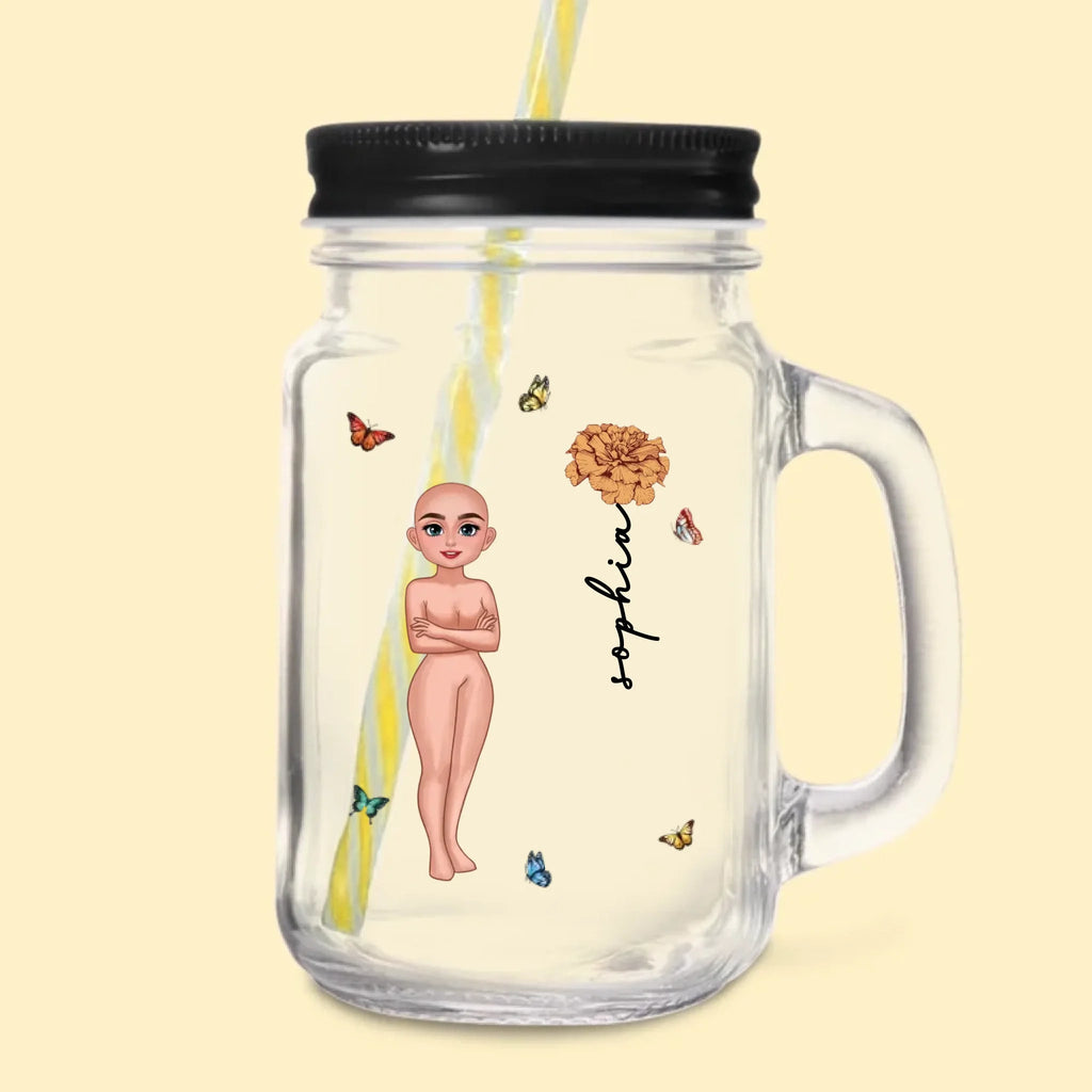 Personalized Cute Cartoon Girl Birth Flower 16oz Name Mason Jar with Handle Lid and Straw Birthday Gift for Women 1030575 - DiyGiftly