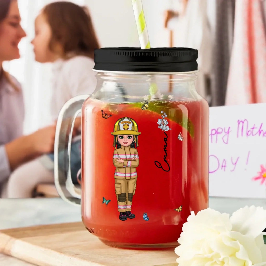 Personalized Cute Cartoon Girl Birth Flower 16oz Name Mason Jar with Handle Lid and Straw Birthday Gift for Women 1030575 - DiyGiftly