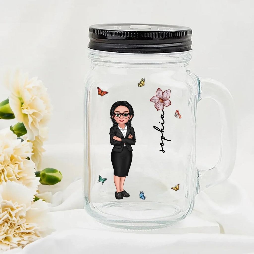 Personalized Cute Cartoon Girl Birth Flower 16oz Name Mason Jar with Handle Lid and Straw Birthday Gift for Women 1030575 - DiyGiftly