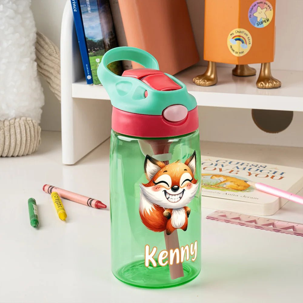 Personalized Cute Laughing Animal Pattern Name 16 oz Kid Water Bottle with Silicone Straw and Handle Birthday Back to School Gift for Boys Girls 09564672 - DiyGiftly