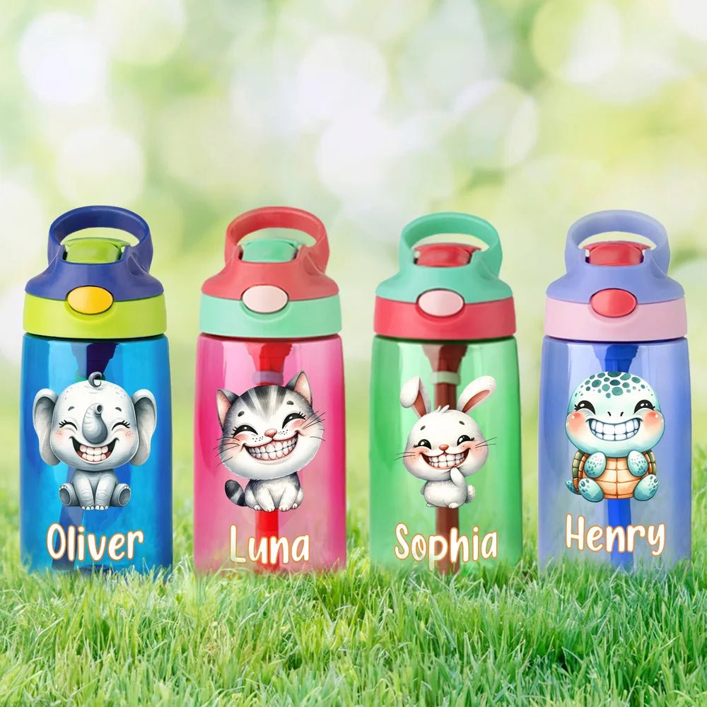 Personalized Cute Laughing Animal Pattern Name 16 oz Kid Water Bottle with Silicone Straw and Handle Birthday Back to School Gift for Boys Girls 09564672 - DiyGiftly