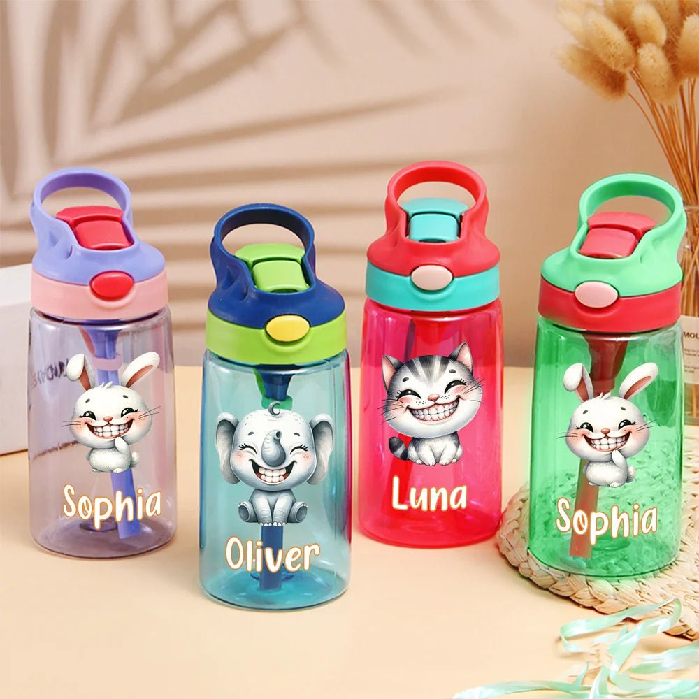 Personalized Cute Laughing Animal Pattern Name 16 oz Kid Water Bottle with Silicone Straw and Handle Birthday Back to School Gift for Boys Girls 09564672 - DiyGiftly