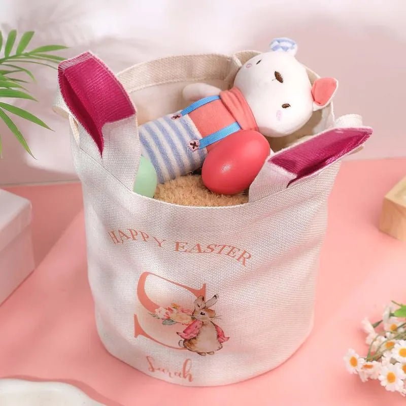 Personalized Cute Peter Rabbit Bunny Ears Bucket Bag with Initial and Name Easter Egg Hunt Basket Birthday Party Favors Gift for Kids - DiyGiftly