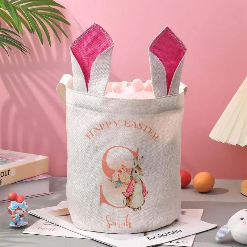 Personalized Cute Peter Rabbit Bunny Ears Bucket Bag with Initial and Name Easter Egg Hunt Basket Birthday Party Favors Gift for Kids - DiyGiftly