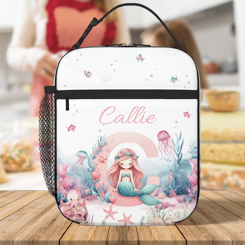 Personalized Cute Pink Fantasy Mermaid Initial Waterproof Insulated Lunch Bag with Name Portable Back to School Work Picnic Gift for Kids Family 20169472 - DiyGiftly