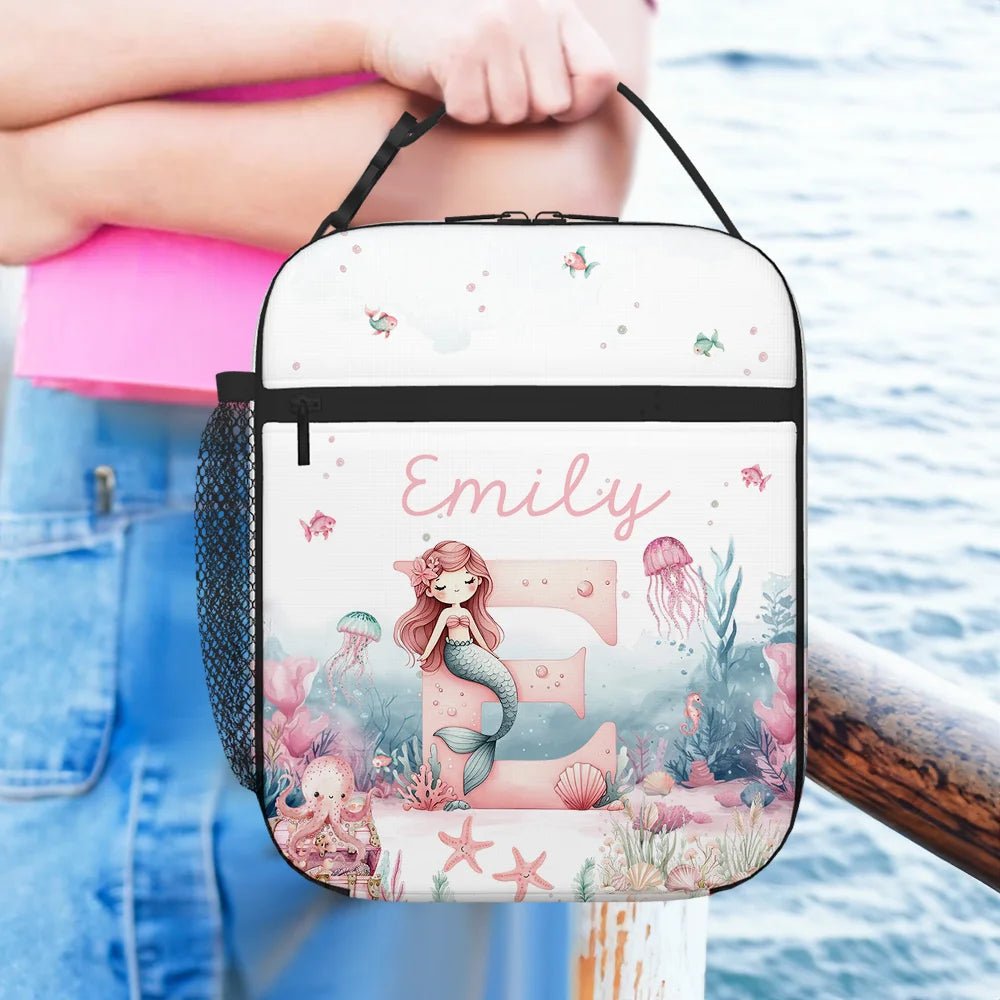 Personalized Cute Pink Fantasy Mermaid Initial Waterproof Insulated Lunch Bag with Name Portable Back to School Work Picnic Gift for Kids Family 20169472 - DiyGiftly