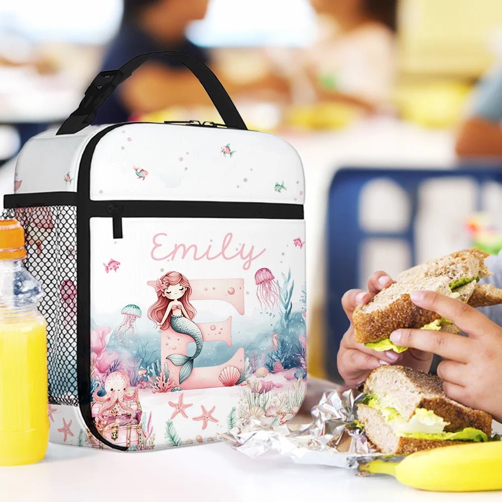 Personalized Cute Pink Fantasy Mermaid Initial Waterproof Insulated Lunch Bag with Name Portable Back to School Work Picnic Gift for Kids Family 20169472 - DiyGiftly