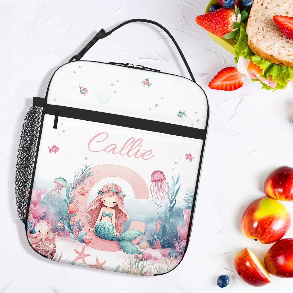 Personalized Cute Pink Fantasy Mermaid Initial Waterproof Insulated Lunch Bag with Name Portable Back to School Work Picnic Gift for Kids Family 20169472 - DiyGiftly