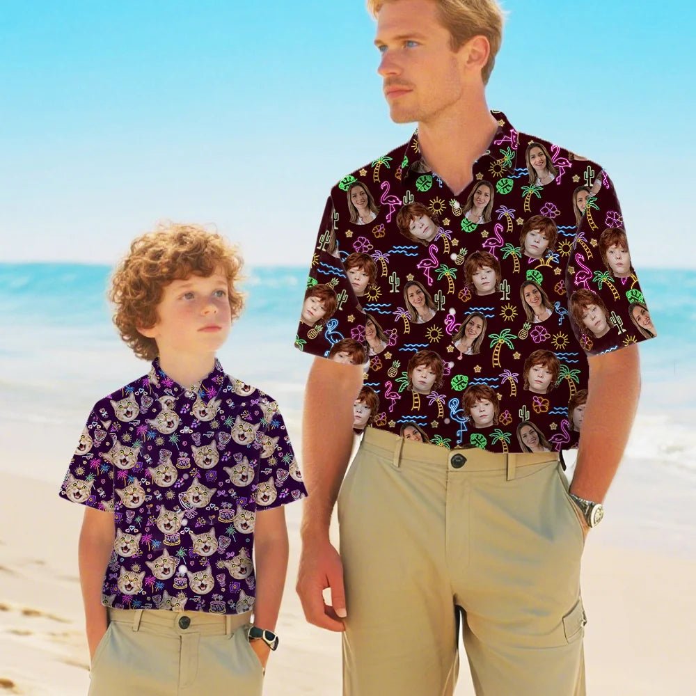 Personalized Dog Cat Character Shirt Set with 1 - 3 Face Photos Flamingo Dolphin Design - Custom Hawaiian Summer Vacation Beach Party Outfit, Funny Christmas Birthday Holiday Gift for Family Friends Pet Lovers 31393536 - DiyGiftly