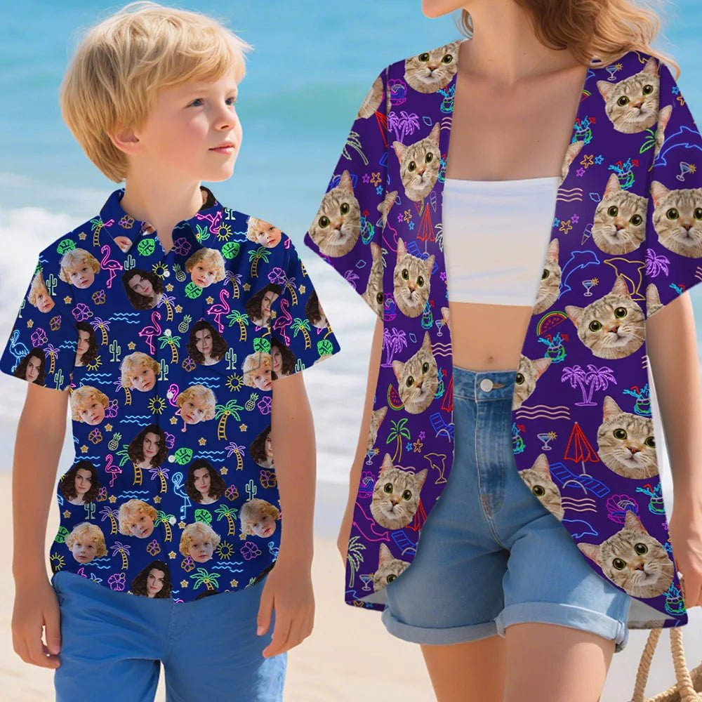 Personalized Dog Cat Character Shirt Set with 1 - 3 Face Photos Flamingo Dolphin Design - Custom Hawaiian Summer Vacation Beach Party Outfit, Funny Christmas Birthday Holiday Gift for Family Friends Pet Lovers 31393536 - DiyGiftly