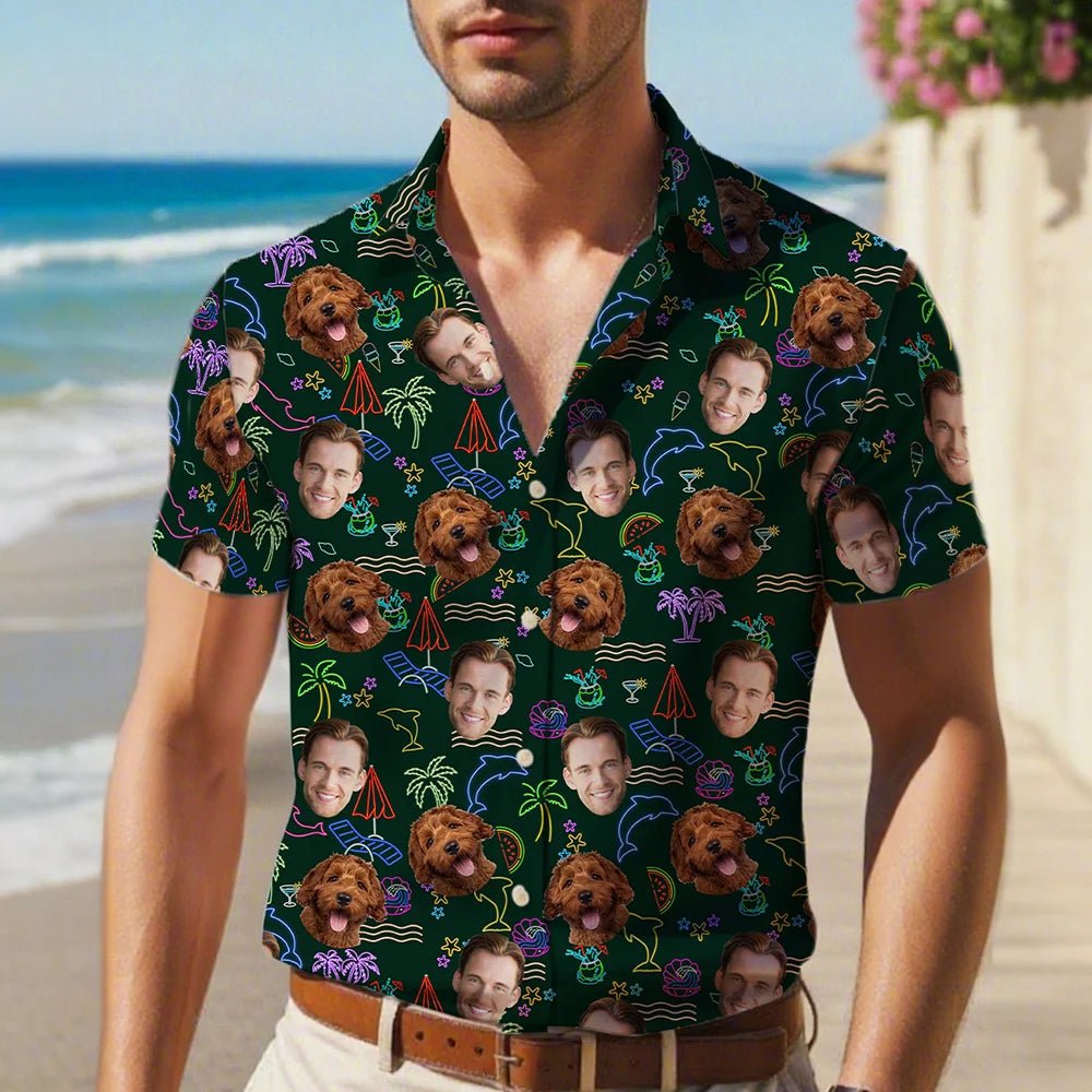 Personalized Dog Cat Character Shirt Set with 1 - 3 Face Photos Flamingo Dolphin Design - Custom Hawaiian Summer Vacation Beach Party Outfit, Funny Christmas Birthday Holiday Gift for Family Friends Pet Lovers 31393536 - DiyGiftly