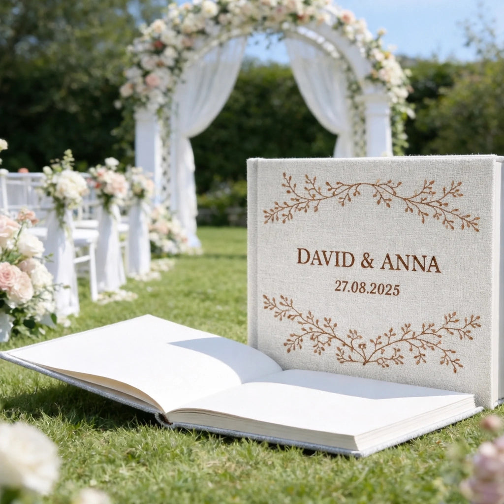 Personalized Embroidered Linen Wedding Guest Book - Custom Memory Book, Unique Valentine’s Gift 1120300 - DiyGiftly