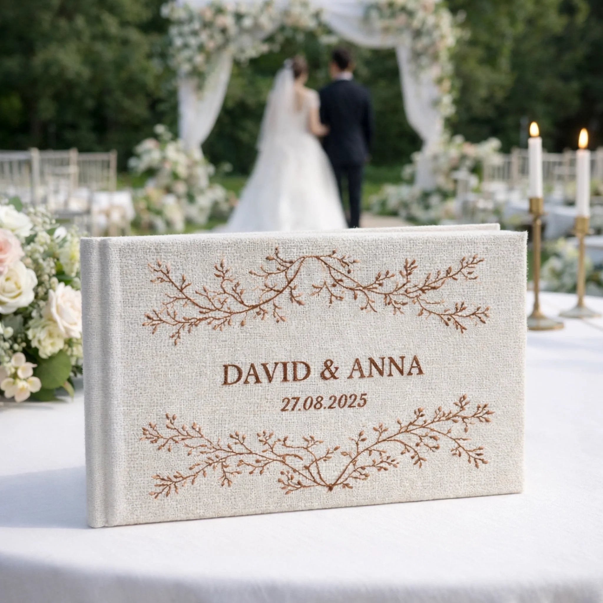Personalized Embroidered Linen Wedding Guest Book - Custom Memory Book, Unique Valentine’s Gift 1120300 - DiyGiftly