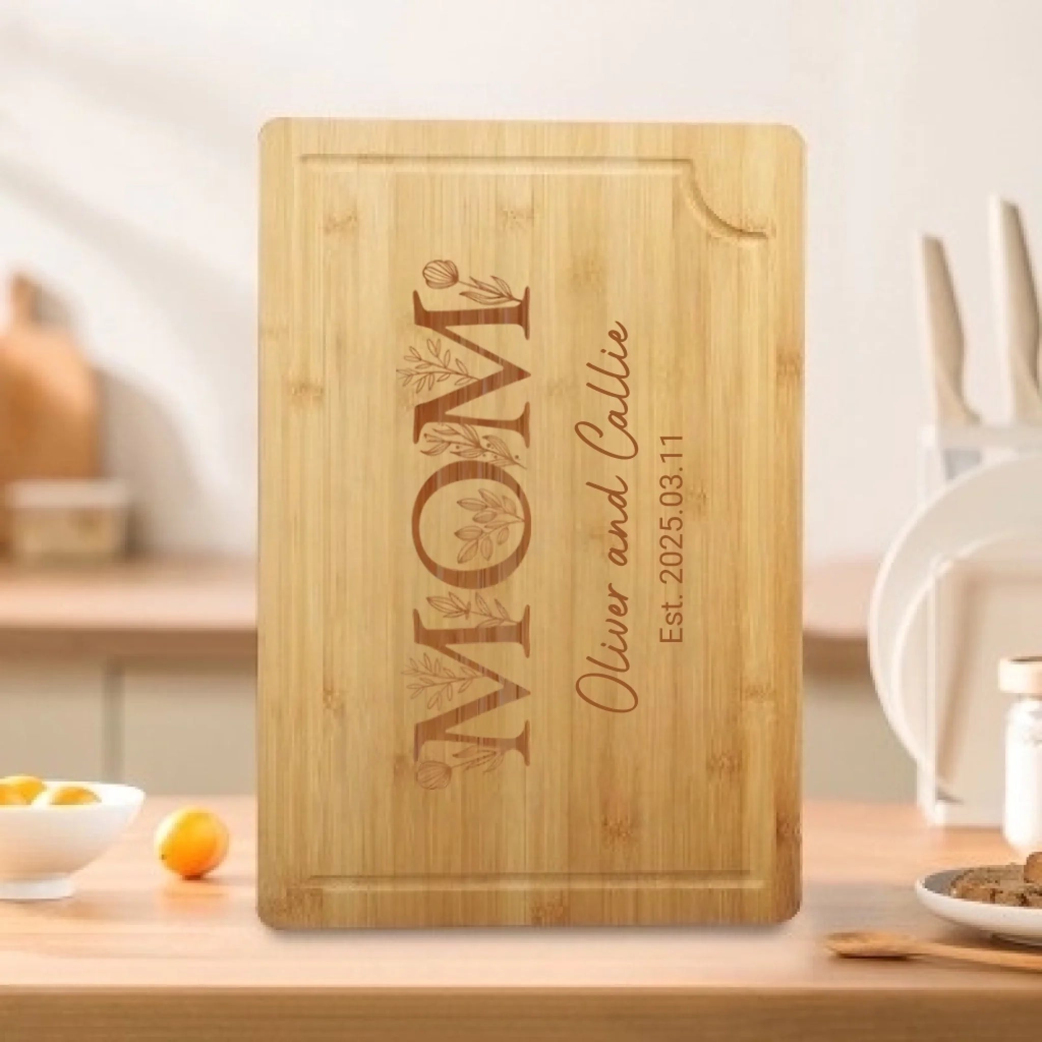 Personalized Engraved Floral Mom Grandma FSC Bamboo Charcuterie Cutting Board with Name and Juice Groove Mother's Day Birthday Gift for Family 1030425 - DiyGiftly