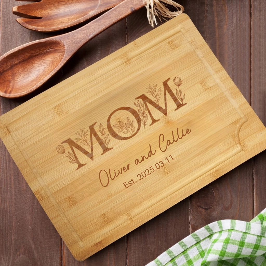 Personalized Engraved Floral Mom Grandma FSC Bamboo Charcuterie Cutting Board with Name and Juice Groove Mother's Day Birthday Gift for Family 1030425 - DiyGiftly